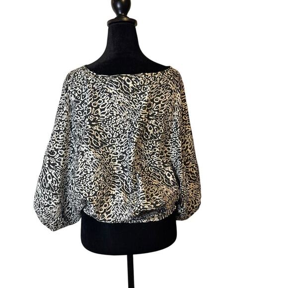 Michael Kors 100% Silk Blouse M | Black White Animal Print Balloon Sleeve Top - Picture 2 of 9
